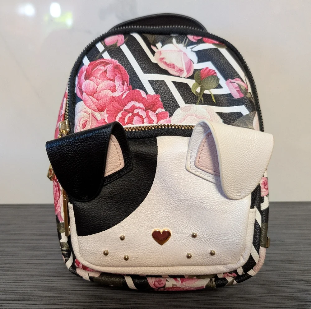 Betsey Johnson Mini Puppy Backpack Floral Rose Print Dog Face Faux Leather Purse
